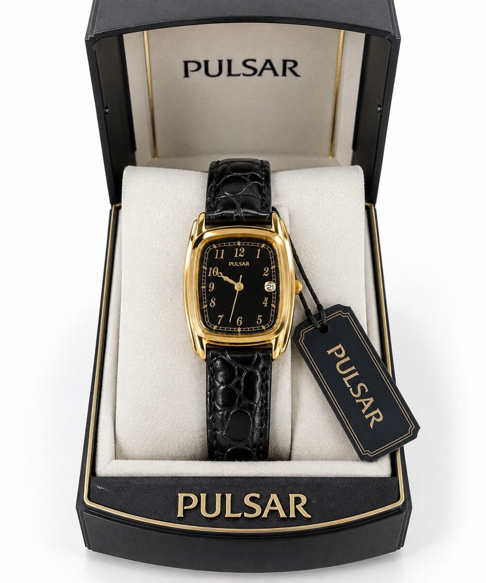 Vintage Pulsar Women's Gold Tone Black Dial Watch NWT Original Box